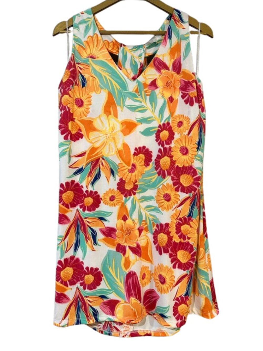 Beach Break Floral Mini Dress White Orange Pink V-Neck XL